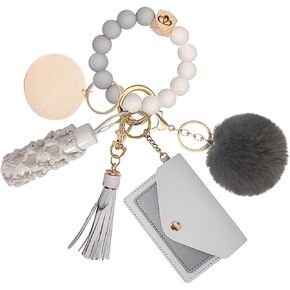 Wristlet Keychain Bracelet With Wallet Card Holder, Silicone Beaded Key Rings Bangle Wrist Keychain Set for Women