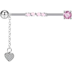 14G CZ Heart Industrial Barbell Earrings for Women Stainless Steel Chains Dangle Industrial Piercing Jewelry 38mm Conch Helix Cartilage Industrial Bar