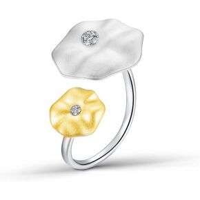 Designer Morning Dew on Lotus Leaves Ring with CZ in 925 Sterling Silver Adjustable Ring Size Handmade Woman Fine Jewelry - PremiumPearl