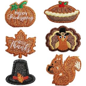 Totelux Thanksgiving Iron on Patches Glitter Turkey Pumpkin Maple Leaf Embroidered Patches Fall Autumn Harvest Sew on Appliques for Clothes Jeans Hat Shirt Bags Sweater DIY Decorations Craft 6Pcs
