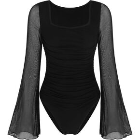 CIDER Women's Solid Mesh Bell Sleeve Ruched Bodysuit