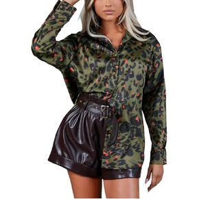 GORGLITTER Women's Leopard Print Long Sleeve Blouse Button Front Collar Shirt Tops