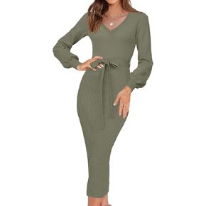 HAEOF Womens 2024 Fall & Winter Sweater Dress Elegant Ribbed Knit V Neck Long Puff Sleeve Bodycon Midi Dress