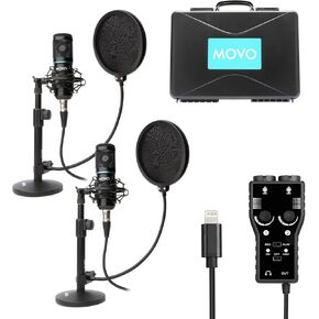 Movo Smartphone Podcast Recording Microphone Kit - 2 Pack Condenser Microphones, 2 Desktop Mic Stands, 2 Pop Filters, 2-Channel XLR Interface with Lightning Output - Compatible with iPhone, iPad, iOS in Kuwait