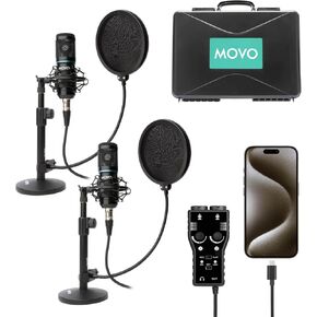 Movo Smartphone Podcast Recording Microphone Kit - 2 Pack Condenser Microphones, 2 Desktop Mic Stands, 2 Pop Filters, 2-Channel XLR Interface with Lightning Output - Compatible with iPhone, iPad, iOS