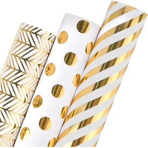 Mauproy Birthday Wrapping Paper Rolls - 3 Mini Rolls - 17 inch x 120 inch Per Roll - White and Gold Foil Polka Dots Stripes Geometry Design for Birthday, Easter, Baby Shower, Party