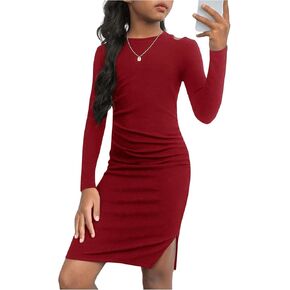 Floerns Girl's Cut Out Long Sleeve Ribbed Dress Crew Neck Ruched Bodycon Dress