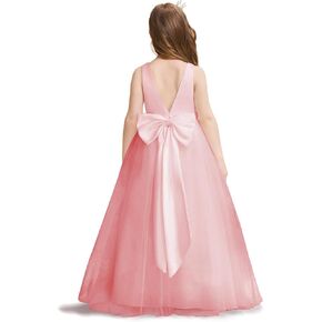 Flower Girls Dresses 5-14Y V-Neck Tulle Girl Dress Elegant Party Ball Gown with Bow-Knot