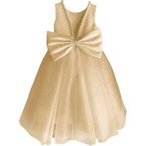Glitter Tulle Flower Girl Dress V-Back Girls Party Dress with Pearls Princess Full-Length Bow-Knot Pageant Dress