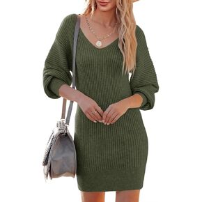Womens Sweater Dress Long Sleeve V Neck Sexy Bodycon Mini Dress 2023 Spring Knit Cute Pullover Dresses