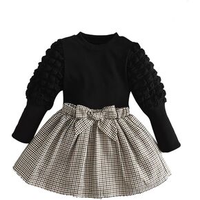 3-7Y Toddler Girl Skirt Set Kid 2Pcs Outfits Puff Long Sleeve Top Pleated Skirt with Bowknot Fall Winter Clothes