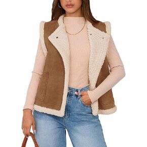 PRETTYGARDEN Women's Fall Fashion Faux Suede Vest Casual Sleeveless Button Down Fleece Sherpa Jacket Winter Coats Outerwear