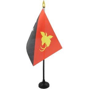 Papua New Guinea Table Flag 4'' x 6'' - Papuan Desk Flag 15 x 10 cm - golden spear top - AZ FLAG