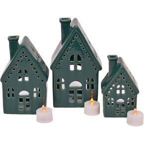 Deep Green Glazed Porcelain Holiday Tea Light Village House Figurines, Set of 3, 8 Inch