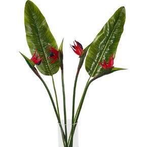 Artificial Bird of Paradise Flowers Real Touch 24'in Long Stem Flower 4 Pcs, with Bird of Paradise Leaves 28'in Long Stem Greenery Plants 2 Pcs, for Home Garden Wedding Party Decor (Red,6 Stems)