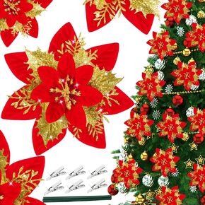 16Pcs Christmas Poinsettia Flower Decorations Artificial Glitter Poinsettia Decorations Black Poinsettia Christmas Ornaments Poinsettia Christmas Tree Decoration for Xmas Wreath Wedding Party Decor