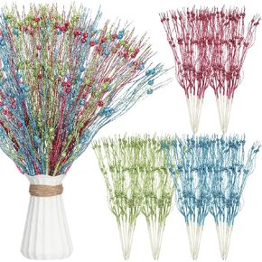 24 Pcs Christmas Picks and Sprays for Tree 17'' Artificial Glitter Berry Stem Pick Christmas Tree Filler Ornament Tree Topper Branch for Xmas DIY Wreath Home Craft(Blue,Rose Red, Green)