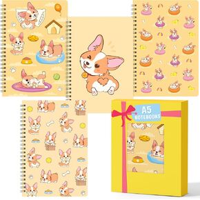 L1rabe Corgi Spiral Notebooks Gifts - 4 A5 Christmas Back to Shcool Cute Dog Pattern Travel Journal for Kids Teens Hardbound College Ruled Notebooks for Teens Notepad Diary School Office Supplies