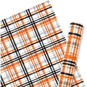 JarThenaAMCS Fall Plaid Wrapping Paper -Mini Roll- 17in x 32.8Ft Orange Black Checkered Gift Wrap Paper for Autumn Thanksgiving Party Wrapping Supplies