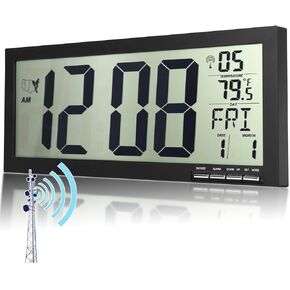 16" Large Digital Wall Clock Battery Operated - Atomic Clock with Temperature,Date and Day of Week - Large Display for Living Room Kitchen Bedroom Office