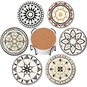 Drink Coasters Set of 6 with Holder, Ceramic Absorbent Coasters for Drinks, Boho Coasters with Cork Base for Tabletop Protection, Coffee Table Decor 4 inches