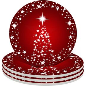 Silver Star Christmas Tree with Holiday Red Background Christmas Coasters Absorbent Ceramic Drink Coasters for Xmas Decor Soft Coasters Set of 4 Good White Elephant Gifts for Adults