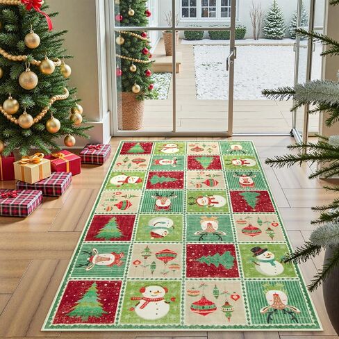 Wonnitar Christmas Washable Area Rug, 3x5 Small Area Rug Green Entryway Rugs Indoor, Cute Soft Rugs for Bedroom Christmas Tree Snowman Print Throw Rugs for Living Room Kitchen Xmas Decor in Saudi Arabia