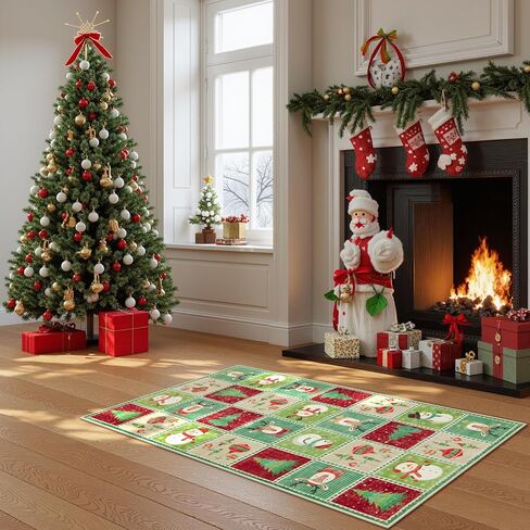 Wonnitar Christmas Washable Area Rug, 3x5 Small Area Rug Green Entryway Rugs Indoor, Cute Soft Rugs for Bedroom Christmas Tree Snowman Print Throw Rugs for Living Room Kitchen Xmas Decor in Saudi Arabia