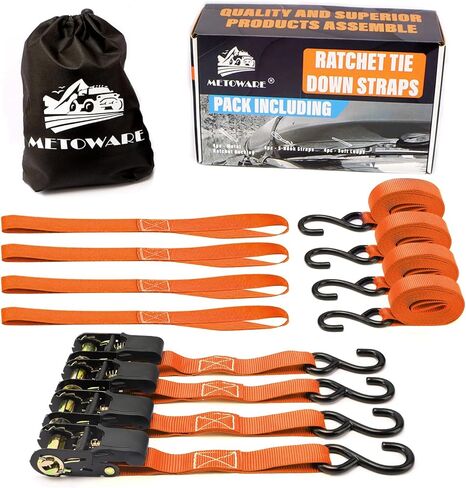 أشرطة السقاطة مربوطة لأسفل - قوة كسر 1764 رطل - 4 قطع من ربطات السقاطة مقاس 1 بوصة × 15 بوصة مع مقبض مبطن، وخطاف S مطلي، وحلقة ناعمة، وحقيبة تخزين لنقل البضائع، ومعدات العشب، والدراجة النارية (أسود) in Kuwait