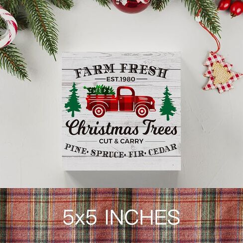 ريفي مزرعة جديدة EST.1980 الشتاء عيد ميلاد سعيد شجرة عيد الميلاد صندوق خشبي علامة، مزرعة عيد الميلاد سانتا ديكور العمل الفني، الخشب مربع علامة مكتب كتلة علامات المنزل الجرف مكتب الديكور 5 × 5 بوصة in Kuwait