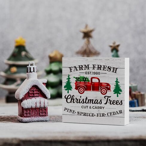 ريفي مزرعة جديدة EST.1980 الشتاء عيد ميلاد سعيد شجرة عيد الميلاد صندوق خشبي علامة، مزرعة عيد الميلاد سانتا ديكور العمل الفني، الخشب مربع علامة مكتب كتلة علامات المنزل الجرف مكتب الديكور 5 × 5 بوصة in Kuwait