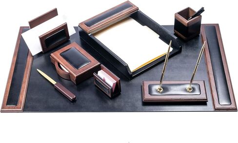 Dacasso Wood Set Luxury Leather Pad & Desk Organization Essentials, 8 Piece, Walnut & Black in Saudi Arabia