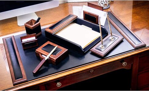 Dacasso Wood Set Luxury Leather Pad & Desk Organization Essentials, 8 Piece, Walnut & Black in Saudi Arabia