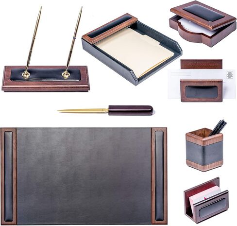 Dacasso Wood Set Luxury Leather Pad & Desk Organization Essentials, 8 Piece, Walnut & Black in Saudi Arabia