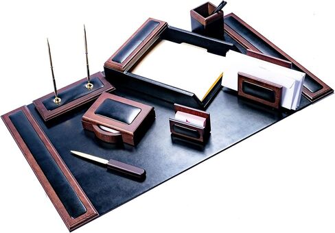 Dacasso Wood Set Luxury Leather Pad & Desk Organization Essentials, 8 Piece, Walnut & Black in Saudi Arabia