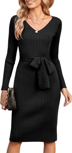 Newshows Womens 2024 Fall Sweater Dress Long Sleeve V Neck Business Casual Outfits Winter Fashion A-Line Belted Dresses in Kuwait