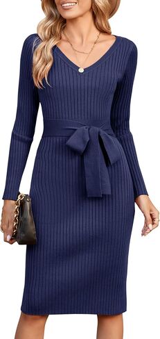 Newshows Womens 2024 Fall Sweater Dress Long Sleeve V Neck Business Casual Outfits Winter Fashion A-Line Belted Dresses in Kuwait