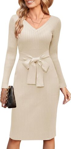 Newshows Womens 2024 Fall Sweater Dress Long Sleeve V Neck Business Casual Outfits Winter Fashion A-Line Belted Dresses in Kuwait