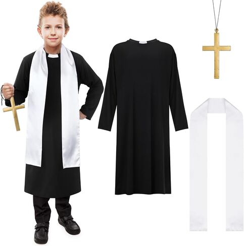 Zhanmai 3 Pcs Halloween Priest Costume for Teen Boys Clergy Costume Include Black Priest Robe White Stole Plastic Monk Cross for Kids Cosplay Outfit in Saudi Arabia