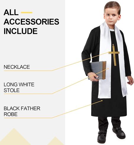 Zhanmai 3 Pcs Halloween Priest Costume for Teen Boys Clergy Costume Include Black Priest Robe White Stole Plastic Monk Cross for Kids Cosplay Outfit in Saudi Arabia