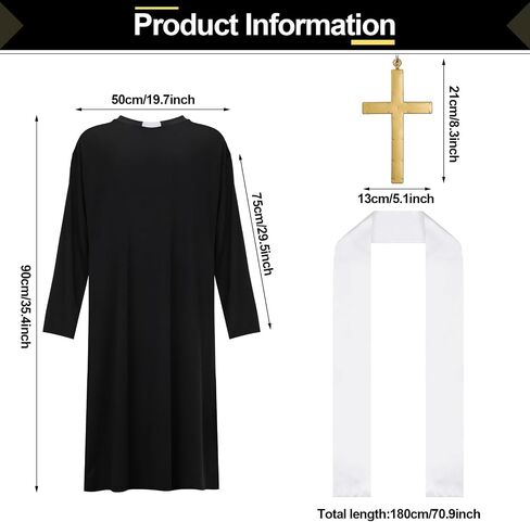 Zhanmai 3 Pcs Halloween Priest Costume for Teen Boys Clergy Costume Include Black Priest Robe White Stole Plastic Monk Cross for Kids Cosplay Outfit in Saudi Arabia