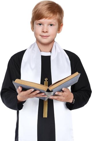 Zhanmai 3 Pcs Halloween Priest Costume for Teen Boys Clergy Costume Include Black Priest Robe White Stole Plastic Monk Cross for Kids Cosplay Outfit in Saudi Arabia