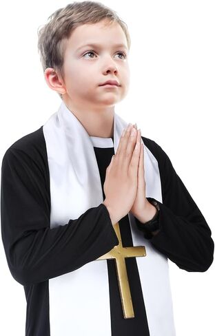 Zhanmai 3 Pcs Halloween Priest Costume for Teen Boys Clergy Costume Include Black Priest Robe White Stole Plastic Monk Cross for Kids Cosplay Outfit in Saudi Arabia