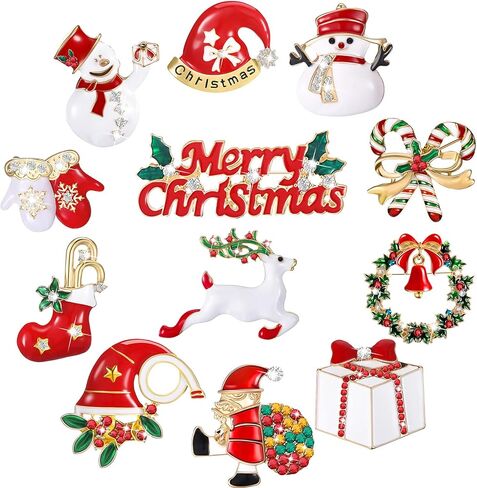 Waydress 12 قطعة عيد الميلاد بروش دبابيس مجموعة للنساء حجر الراين كريستال الشتاء خمر إكليل ثلج الرنة عيد الميلاد ندفة الثلج المينا دبابيس المجوهرات هدية السيدات هدية مجوهرات الطرف in Kuwait