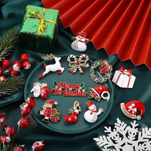 Waydress 12 قطعة عيد الميلاد بروش دبابيس مجموعة للنساء حجر الراين كريستال الشتاء خمر إكليل ثلج الرنة عيد الميلاد ندفة الثلج المينا دبابيس المجوهرات هدية السيدات هدية مجوهرات الطرف in Kuwait