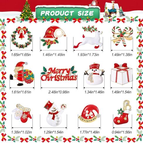 Waydress 12 قطعة عيد الميلاد بروش دبابيس مجموعة للنساء حجر الراين كريستال الشتاء خمر إكليل ثلج الرنة عيد الميلاد ندفة الثلج المينا دبابيس المجوهرات هدية السيدات هدية مجوهرات الطرف in Kuwait