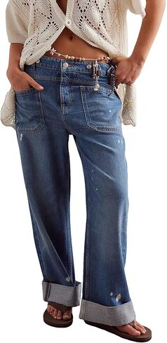 D-Sun Women Wide Leg Jeans Baggy Mid Rise Boyfriend Denim Pants Straight Leg Button-Adjustable Waist with Patch Pockets in Saudi Arabia