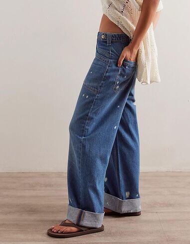 D-Sun Women Wide Leg Jeans Baggy Mid Rise Boyfriend Denim Pants Straight Leg Button-Adjustable Waist with Patch Pockets in Saudi Arabia