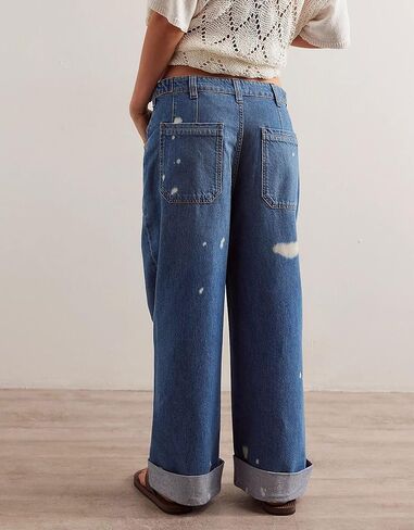 D-Sun Women Wide Leg Jeans Baggy Mid Rise Boyfriend Denim Pants Straight Leg Button-Adjustable Waist with Patch Pockets in Saudi Arabia