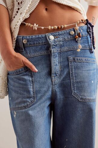 D-Sun Women Wide Leg Jeans Baggy Mid Rise Boyfriend Denim Pants Straight Leg Button-Adjustable Waist with Patch Pockets in Saudi Arabia